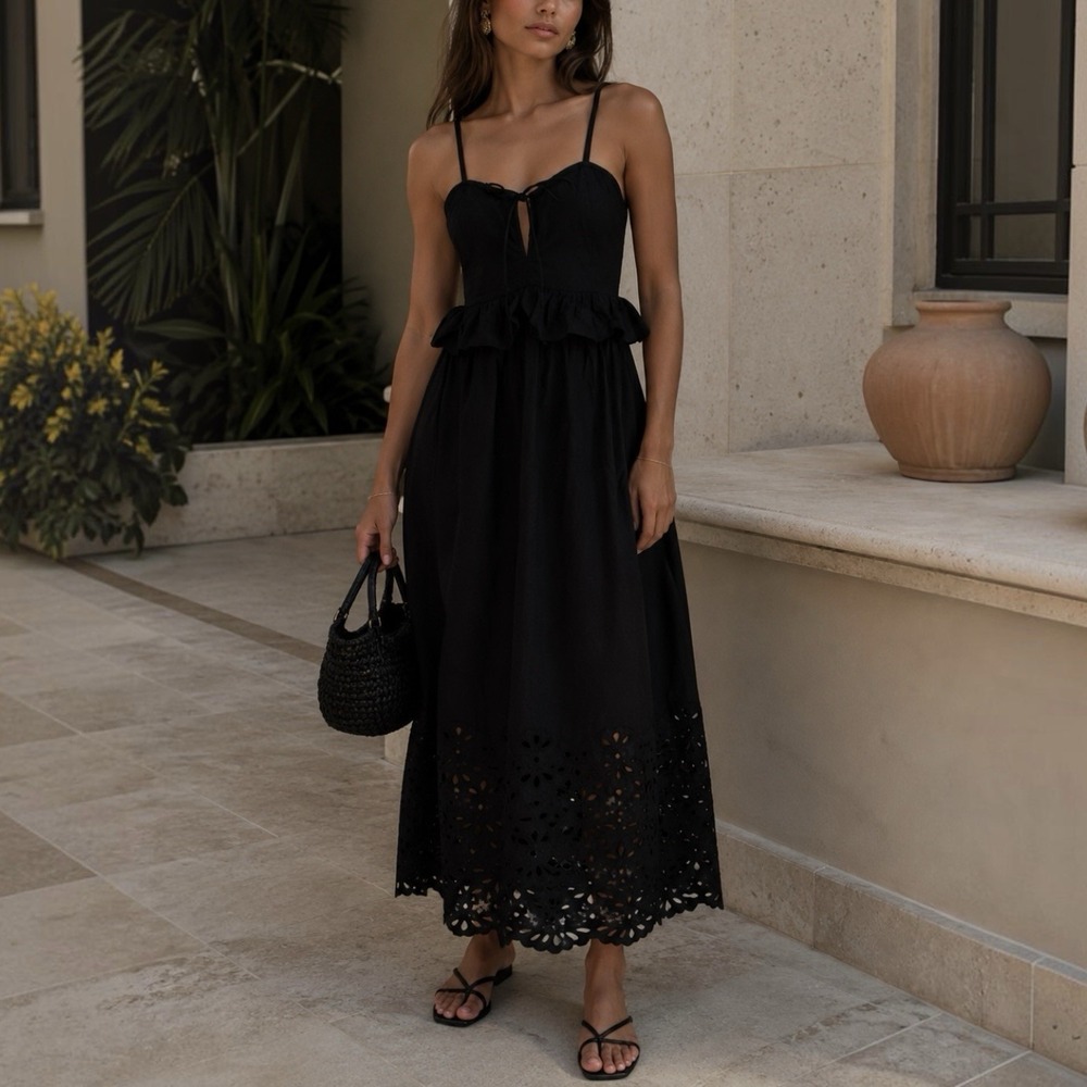 Caroline‎ Constas Black Peplum Eyelet Maxi Midi Dress Sz M